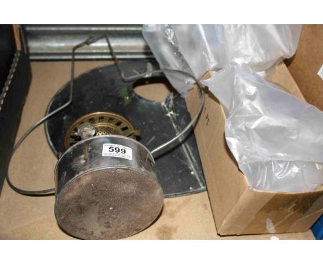 Messenger and Sons hanging railway signal lamp with funnel and shade impressed L.M.S, brass Patentees plaque