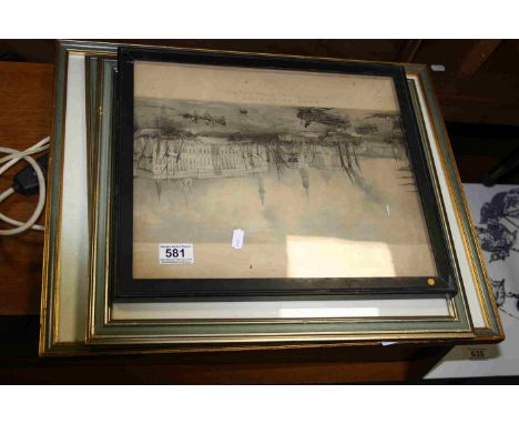 Victorian Port of London etching, pair of painted silk pictures depicting birds in trees and a signed Elizabeth Bairstow sign