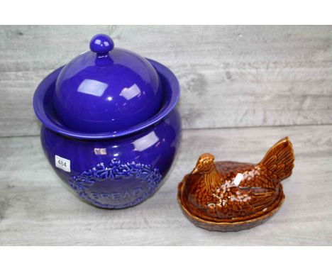 Portmeirion glazed ceramic covered Egg bowl in the form of a nesting Chicken and a large blue glazed ceramic Bread Barrel
