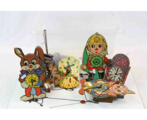 Six wooden wall clocks to include cuckoo clock and character clocks