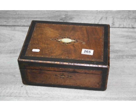 Victorian mother-of-pearl inlaid parquetry jewellery box (missing interior tray) containing assorted collectables to include 