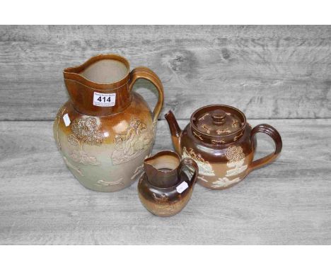 Doulton Lambeth harvest pattern Teapot and small Jug plus a similar larger unmarked 19th Century example
