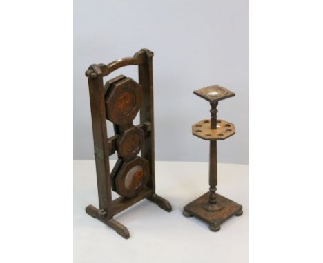 Combination pipe rack holder pedestal ash tray, tapered square, stem, square base on four bun feet, height approximately 64cm