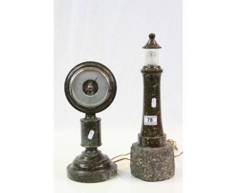 Hardstone lamp modelled as a lighthouse, height approximately 47cm together with a hardstone barometer raised on circular foo