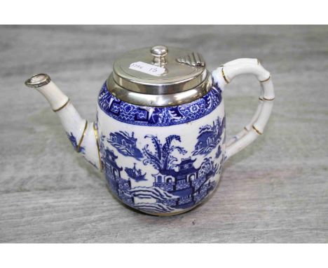 Victorian Royal Worcester silver topped blue and white teapot, pagoda decoration, the handle and spout in the style of bamboo