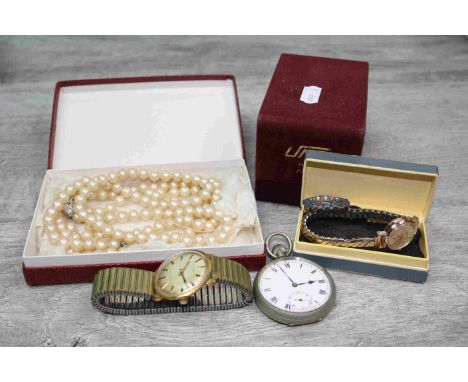 Gents UNO quartz wristwatch, boxed, a gents vintage Timex wristwatch, an open faced top wind pocket watch, a ladies wristwatc