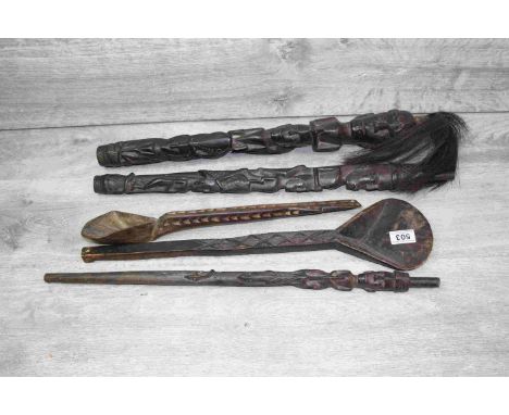 Wooden Tribal Batax Chief stick in three parts and two large Spoons