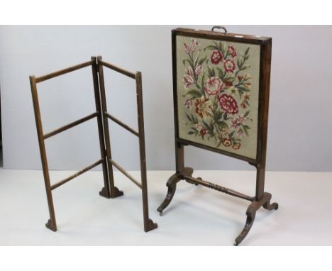 19th century Mahogany Framed Firescreen with Tapestry Panel together with a 19th century Folding Towel Rail