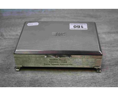 Aristocrat Silver plated Cigarette/Cigar box by The Harman Brothers. Raised on 'Ogee bracket' feet 
