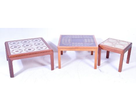 A collection of three vintage retro mid 20th century teak wood and tile top coffee tables / occasional tables. The collection