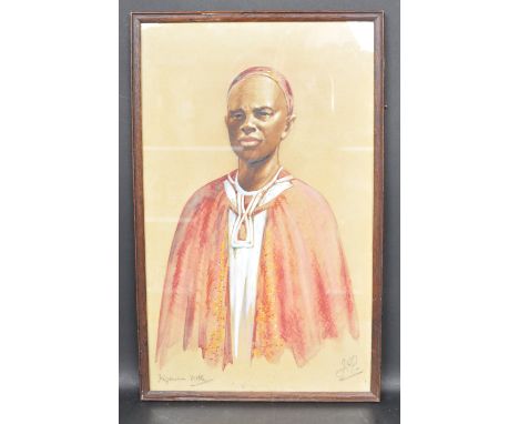 A retro vintage late 20th century pastel portrait of a Nigerian Noble in African tribal dress. Signed JP to the corner. Frame