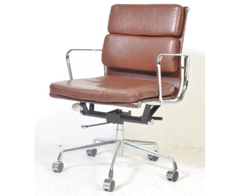 Office Soft Pad Chair - Model EA217 - A contemporary retro vintage style chrome and leather swivel office desk chair / armcha