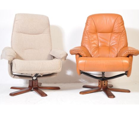 A retro vintage 20th century leather swivel easy chair upholstered in tan brown raised on a four point base together with ano