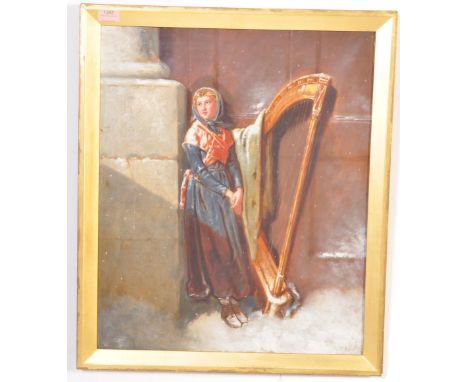 TL Hardy - ( British 19th century ) A Victorian oil on canvas portrait study of a young girl /child with harp in a snow swept