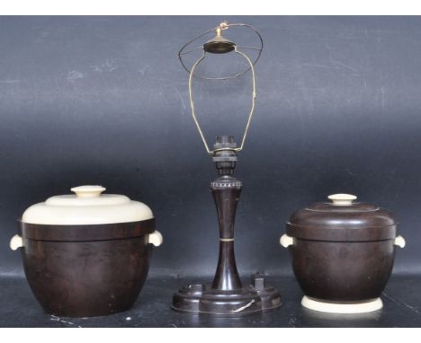 A collection of early 20th century circa 1920s Art Deco Bakelite items comprising of a desk lamp having a bead tapering colum