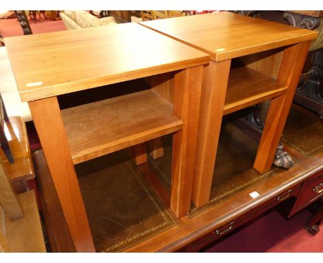 A pair of contemporary cherry wood square section lamp tables, each with open upper compartments, width 40cm