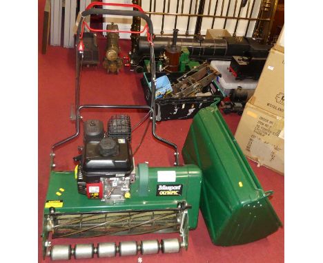 A Masport Olympic petrol driven Reel mower, with grass collecting box