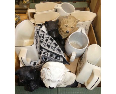 A large collection of souvenirs and advertising wares for Black &amp; White Whisky, to include two barrel decanters, mantel c