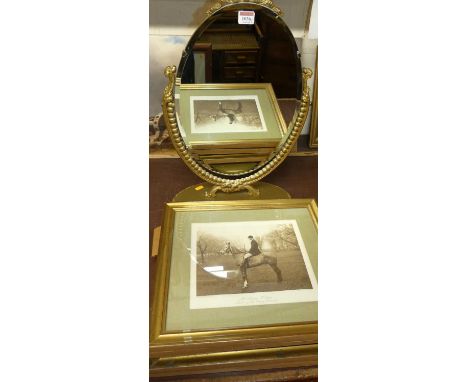 A gilt composition dressing table mirror together with a set of five monochrome photographic hunting prints, each 18x23cm (6)