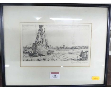 Leonard Russell Squirrel (1893-1979) - Boats on the Orwell at low-tide, etching, signed in pencil to the margin, 11.5 x 20.5c