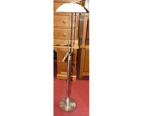 A contemporary brushed aluminium floor light, having frosted white glass domed shade, h.142cm 