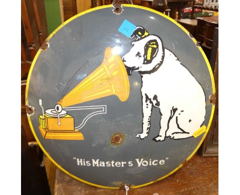 A convex enamel advertising sign 'His Master's Voice', dia.29cm
