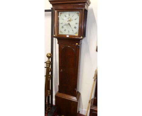 Circa 1800 provincial oak and mahogany crossbanded long case clock, the square painted dial signed William Wilkinson, Penrith