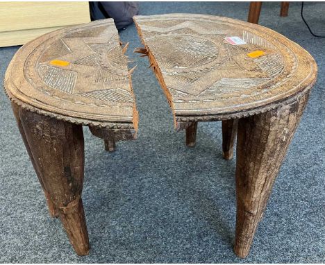 A 20th century African Nubi tribe relief carved hardwood circular wedding stool, dia. 36cmNote: Item damaged during public vi