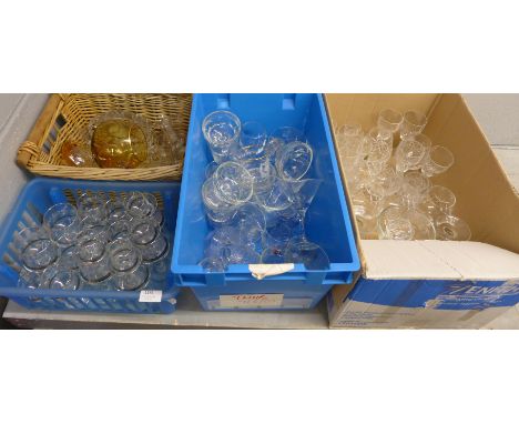 Four boxes of assorted glassware including coloured, lead crystal and a Waterford crystal glass clock **PLEASE NOTE THIS LOT 
