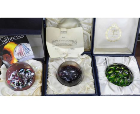 Three boxed paperweights including Caithness and Webb Corbett 