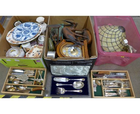 A box of mixed china, a box of miscellaneous items, plated cutlery, Bentima clock, plated serving set and a box of light fitt