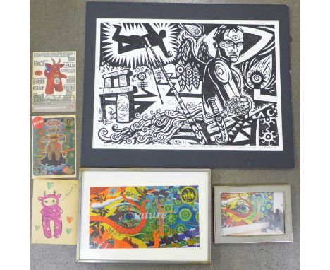 A signed woodblock print, J Dunmore, a photograph, a handmade card and one other print 