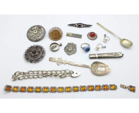 A silver bracelet, two silver spoons, jewellery, etc., (bracelet requires repair, fob a/f, ring a/f) 