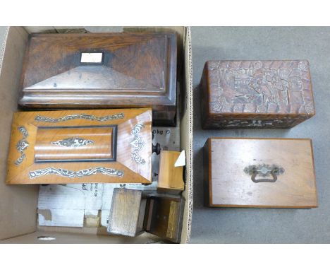 A 19th Century inlaid walnut caddy and mahogany caddy a/f, and other boxes
