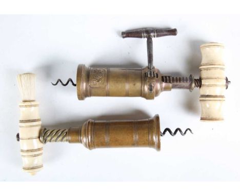 A 19th century rack and pinion bronze barrelled corkscrew with bone handle and applied plaque, inscribed 'Wilmot Robertson Pa
