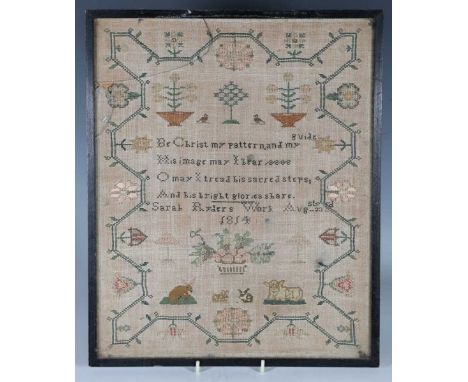 A George III needlework sampler by Sarah Ryder, dated August 23rd 1814, finely worked with animals and plants, 37cm x 30cm, f