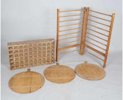 A late 19th/early 20th century pine compartmentalized wall shelf, height 50cm, width 84cm, depth 12cm, together with a pine f
