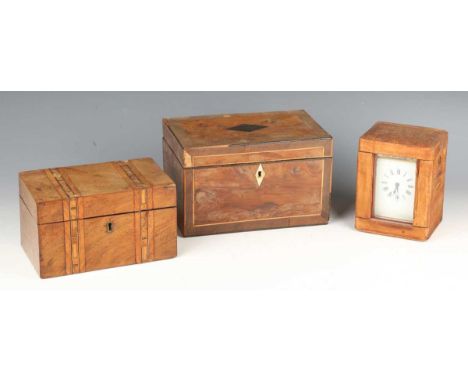 A George III yew tea caddy with mahogany crossbanding, width 21cm, a Victorian walnut tea caddy, width 18cm (both with faults