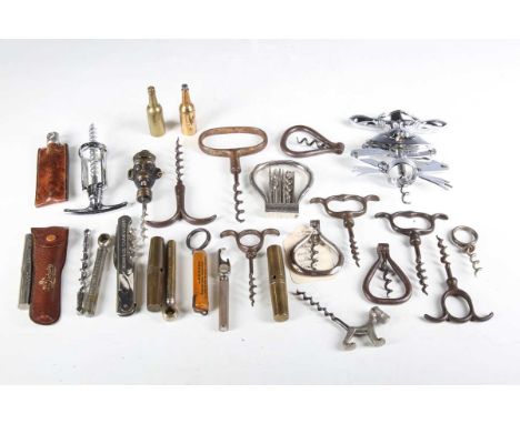 A collection of corkscrews, including a 'Leaping Frog' concertina corkscrew, various folding examples and other pocket screws