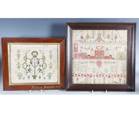 An early Victorian silkwork sampler by Eliza Wales, dated 1841, finely worked with a stylized plant, further plants and anima