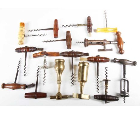 A collection of 19th century turned wooden crossbar corkscrews, a coppered steel rack corkscrew and other examples, together 
