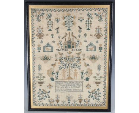 An early Victorian needlework sampler by Eliza Wilshier, aged 13 years, dated 1841 and detailed 'Huntworth School', finely wo
