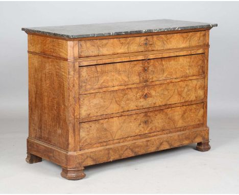 A Louis Philippe walnut four-drawer commode with grey marble top, height 94cm, width 129cm, depth 59cm.
