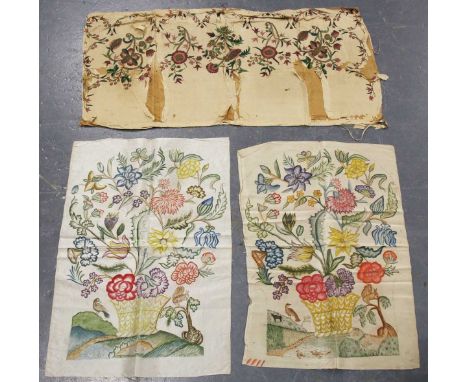 A mixed group of textiles, including a distressed 17th century silk and gilt thread embroidered panels, 95cm x 46cm, two 18th