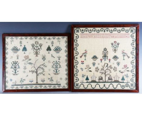 An early 19th century needlework sampler, finely worked in coloured silks with birds, deer, butterflies and plants, 31.5cm x 