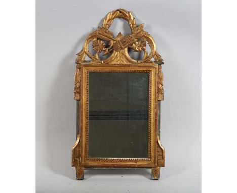A 19th century French giltwood wall mirror with arrow and flowerhead surmount above a shaped frame, height 80cm, width 42cm.