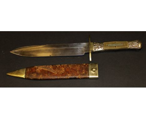 An early 19th Century hunting knife with embossed plated and horn handle, the blade stamped "G. Berley Burgess St" (George Be