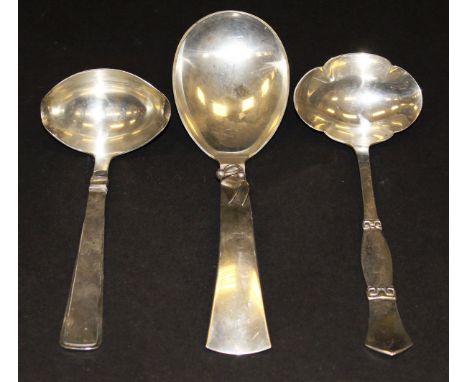 Three various Danish silver serving spoons, to include a sauce ladle (bears Danish Assay marks for Johanne Siggaard), one ins
