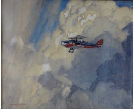 NORMAN WILKINSON (1878-1971) "De Havilland Fox Moth amongst clouds", the plane No'd "G-ACDD", watercolour heightened with whi