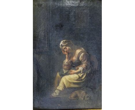 18TH CENTURY CONTINENTAL SCHOOL "Woman sleeping in chair, with dog by her feet", oil on canvas, unsigned, 28 cm x 19.5 cm CON